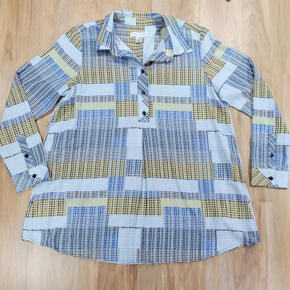 🔹️Christopher & Banks Blue Patchwork Polka Dot Long Sleeve Top Medium